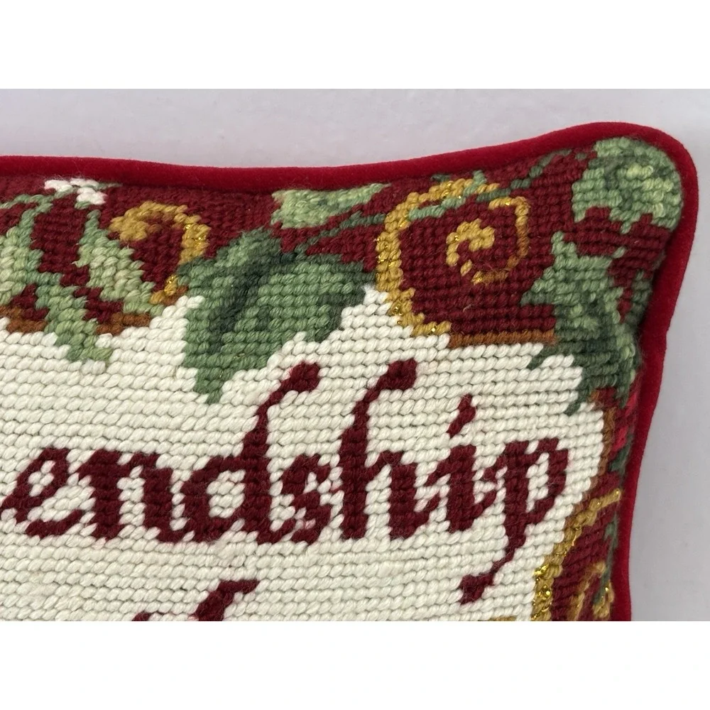 Small Needlepoint Pillow 'your Friendship Is A Gift' Red Velvet Back Vtg Look